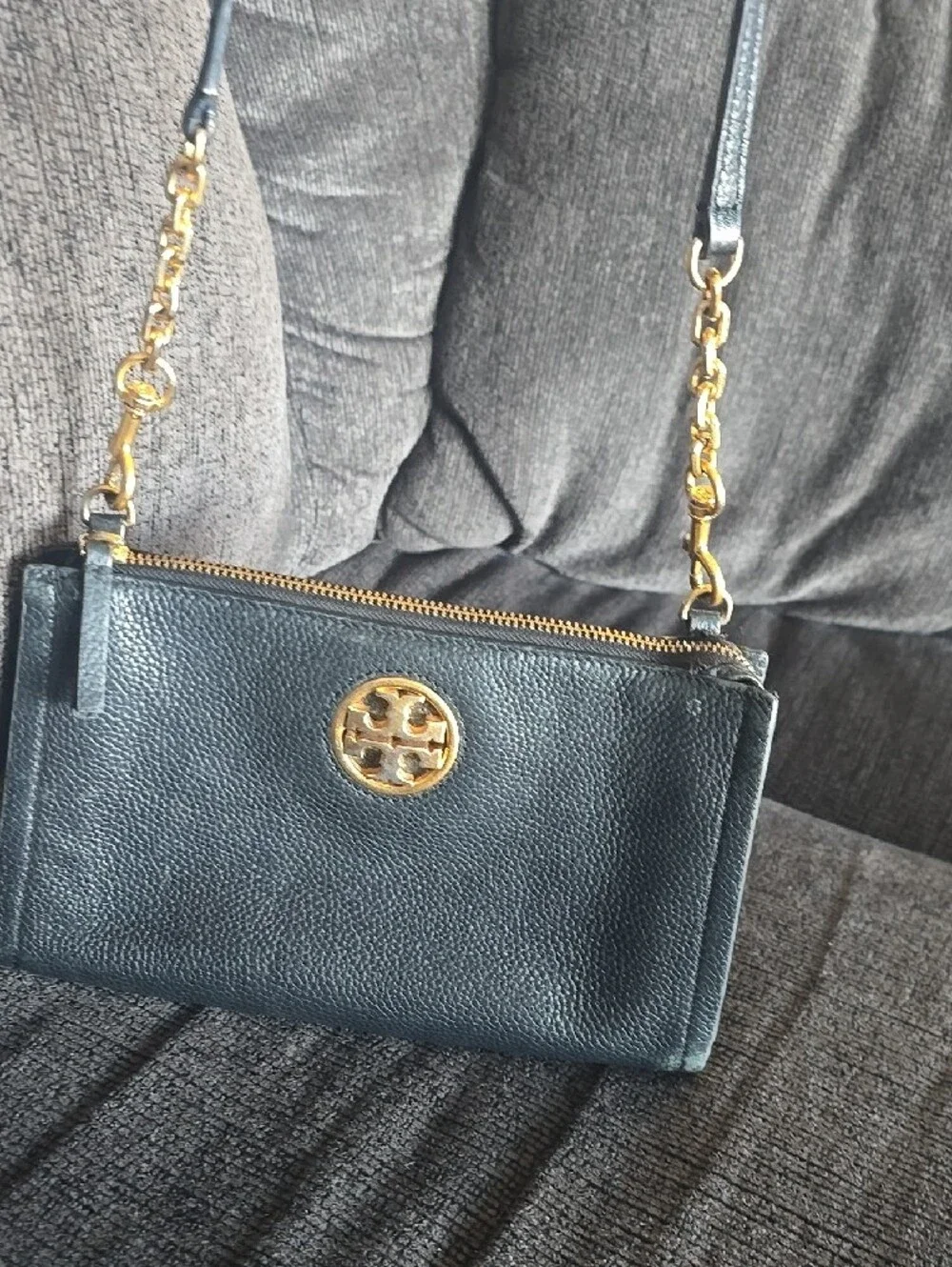 Tory Burch Black Pebbled Leather Crossbody with Gold Logo Accent